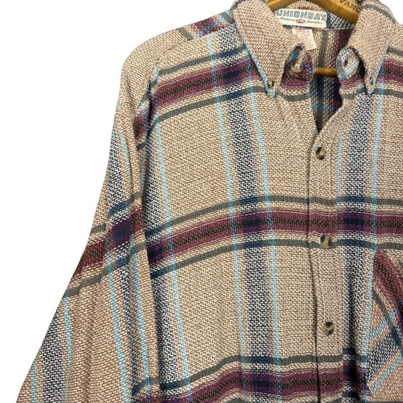 Vintage 90s Neutral Grunge Cotton Flannel Shirt Woven Plaid Button Up Cabincore - Picture 2 of 9